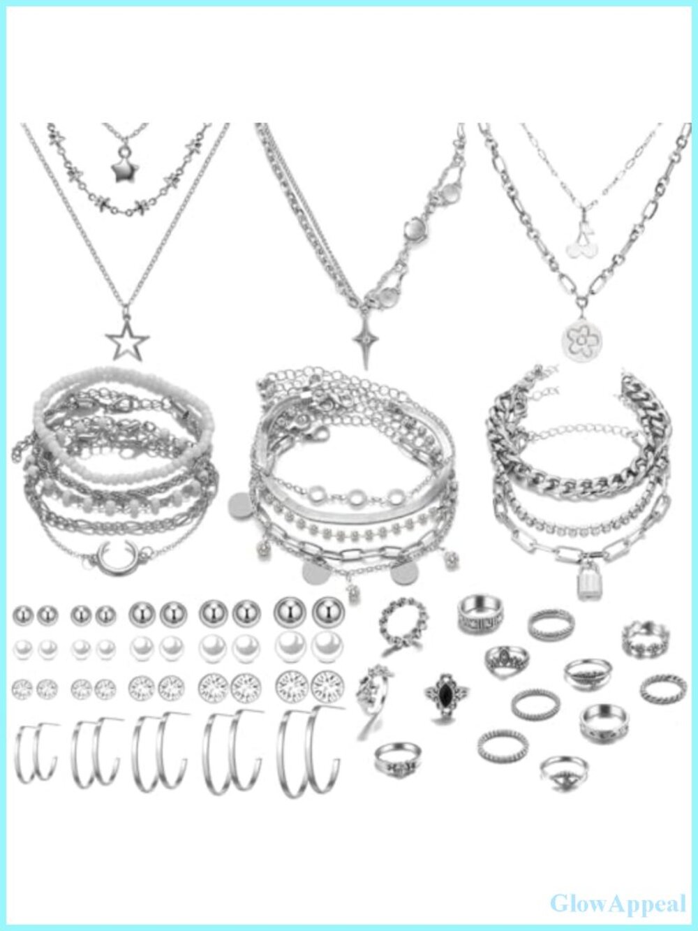 37 Piece Silver Jewelry Set Necklaces Bracelets Earrings Rings Gift for Her